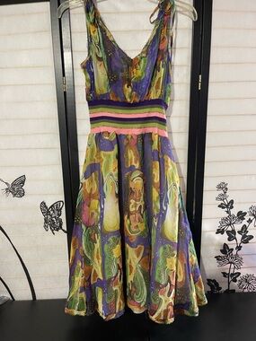 Laundry by Design Vintage Tie-Shoulder Printed Sundress in Green Y2K Silk Dress